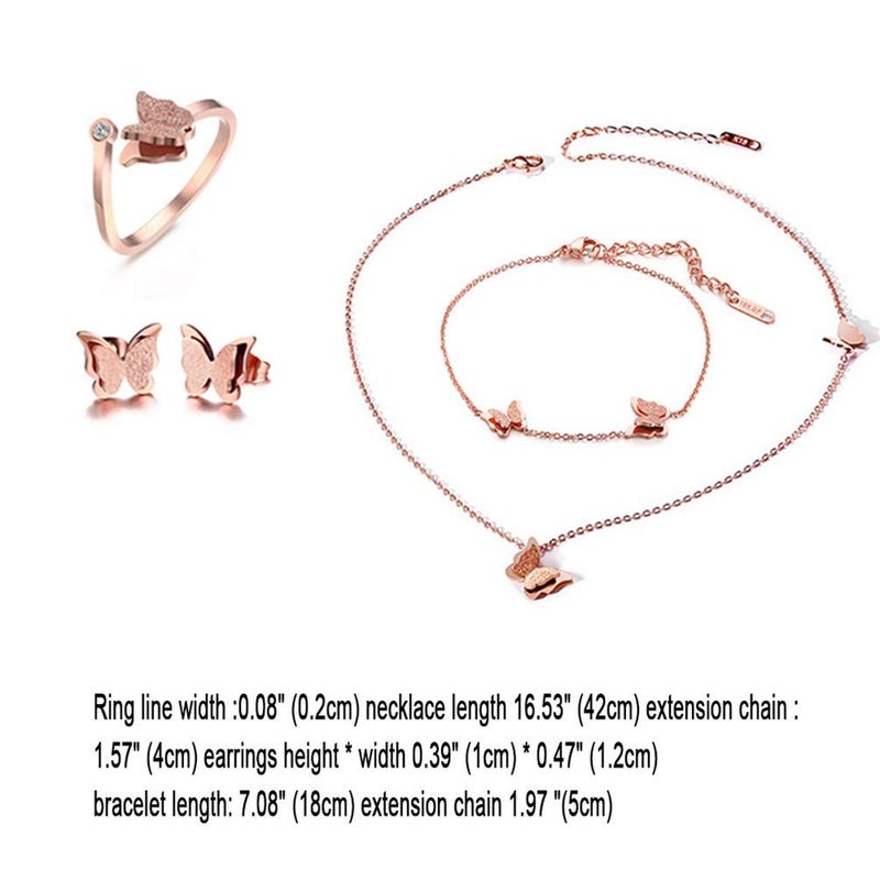 Cupimatch Butterfly Bracelet Ring Earrings Necklace Set, 18k Rose Gold Plated love Jewelry Gift Set for Women (Necklace bracelet earrings ring set) for Mothers Day - Image 3